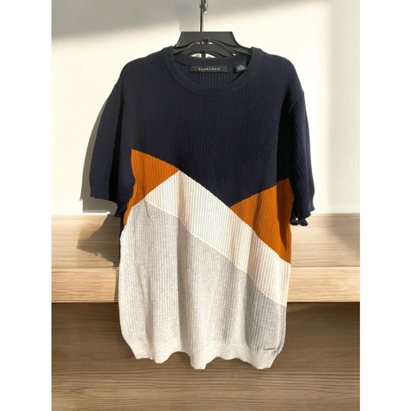 Men's Sean John short sleeve lightweight crewneck Sweater, 2XL, Navy brown gray - Picture 1 of 5